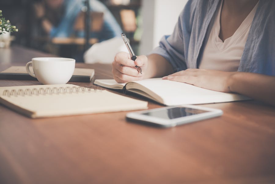 Desk planning setup with notebook and coffee cup
